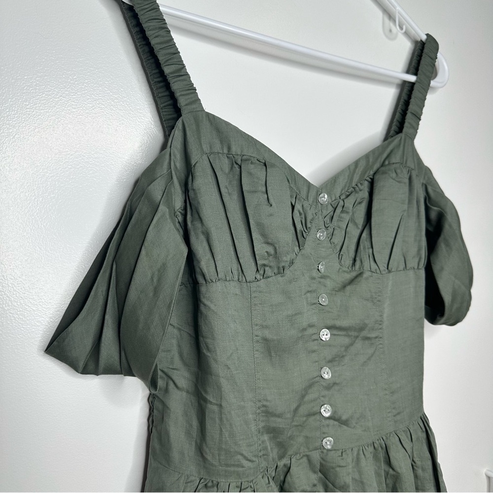 Anthropologie Off-The-Shoulder Linen Mini Dress In Green Size Small NWT - Picture 3 of 11